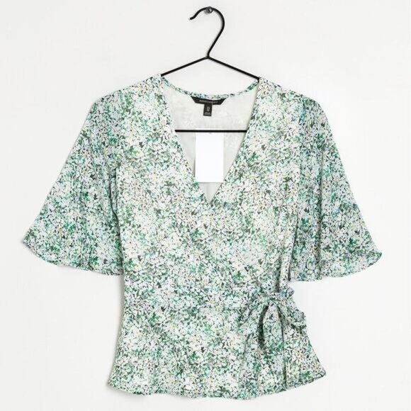 NWT BANANA REPUBLIC Short Sleeve Wrap Kimono Blouse XS Jasmine Floral Blue Green - Picture 2 of 9